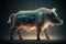 Created with Generative AI technology. Bull with finance info on background.