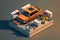 Created with Generative AI technology. Small auto repair shop isometric view