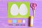 Creating Easter egg greeting card. Step. Guide. Colored paper sheets, templates in shape of egg, scissors, glue stick, pencil