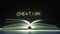CREATION caption made of glowing letters from the open book. 3D animation