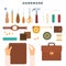 Creation of leather products, handmade. Tools and leather goods. Vector illustration.