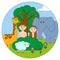 Creation of man, animals in Eden. Serene divine garden. Peaceful Sabbath rest. Vector illustration. EPS 10.