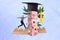 Creative 3d collage game object competitor master player old man jenga mortarboard professional isolated on blue color