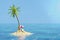 Creative 3d collage summer resort lost island ocean huge palm tree sand beach two sunbed surfboard template isolated on