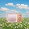 Creative 3D Illustration concept of pastel retro pink television on a grassy meadow. Alternative vintage environment