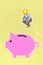 Creative 3d photo artwork graphics collage of funky man golden coin instead head jumping bomb pink piggy bank retirement