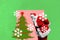 Creative 3d photo artwork graphics collage painting of curious santa looking x-mas fir pine decorations isolated drawing