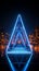 Creative 3D rendering Glowing neon rhombus on a reflective blue banner