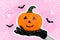 Creative abstract template collage of funny cute adorable halloween pumpkin drawing face woman hand hold lace glove