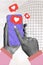 Creative abstract template collage of woman hands scrolling smartphone screen social media icons notifications hearts