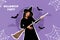 Creative abstract template graphics image of funky smiling lady wear witch costume playing broomstick isolated drawing