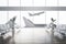 Creative airport waiting area interior with reflections on floor, decorative plants, benches, window with aircraft view and
