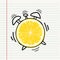 Creative alarm clock citrus fruit lemon on notebook background. education concept