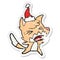 A creative angry distressed sticker cartoon of a fox wearing santa hat