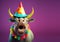 Creative animal concept. buffalo in party cone hat necklace bowtie outfit isolated on solid pastel background Generative AI