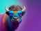 Creative animal concept. Buffalo in sunglass shade glasses isolated on solid pastel background, copy space text Generative AI