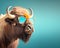 Creative animal concept. buffalo in sunglass shade glasses isolated on solid pastel background,. copy space text Generative AI