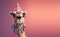 Creative animal concept. camel in party cone hat necklace bowtie outfit isolated on solid pastel background Generative AI