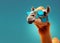 Creative animal concept. Camel in sunglass shade glasses isolated on solid pastel background, copy space text Generative AI