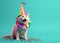 Creative animal concept. cat kitten in party cone hat necklace bowtie outfit isolated on solid pastel background Generative AI