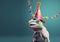 Creative animal concept. chameleon in party cone hat necklace bowtie outfit isolated on solid pastel background. generative ai