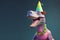 Creative animal concept. dinosaur in party cone hat necklace bowtie outfit isolated on solid pastel background Generative AI