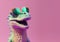 Creative animal concept. dinosaur in sunglass shade glasses isolated on solid pastel background. copy space text Generative AI