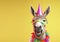 Creative animal concept. donkey in party cone hat necklace bowtie outfit isolated on solid pastel background Generative AI