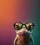 Creative animal concept. Frog toad in sunglass shade glasses isolated on solid pastel background. copy space text Generative AI