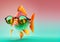 Creative animal concept. goldfish fish in sunglass shade glasses isolated on pastel background. copy space text Generative AI