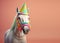 Creative animal concept. horse in party cone hat necklace bowtie outfit isolated on solid pastel background Generative AI