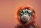 Creative animal concept. orangutang in sunglass shade glasses isolated on solid pastel background. copy space text Generative AI