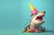 Creative animal concept. shark in party cone hat necklace bowtie outfit isolated on solid pastel background Generative AI