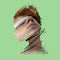 Creative art collage. Young man& x27;s face over green background. Poster graphics. Ideas, inspiration, fashion and