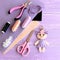 Creative art and craft idea for kids. Felt doll keychain, scissors, thread, needles, pins, suede cord, pliers, felt sheets