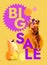 Creative art design. Conceptual image. Beautiful dogs sitting over yellow background. Big sale poster. Advertisement