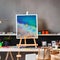 A creative artists workspace with colorful paint splatters, an adjustable easel, and inspiring wall art1, Generative AI