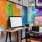 A creative artists workspace with colorful paint splatters, an adjustable easel, and inspiring wall art5, Generative AI