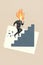 Creative artwork collage young business man running up stairs responsible worker have flame fire instead head