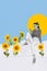 Creative artwork collage young woman sitting among sunflowers imaginary landscape hill mountain listen music boost good