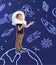 Creative artwork with little boy in huge white astronaut helmet standing among drawn planets, asteroids and stars in