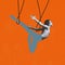 Creative artwork of male ballet dancer flying on drawn ropes isolated over orange background