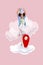 Creative artwork poster of funny lady have levitation journey air ball stop red pointer mark isolated color background