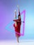 Creative artwork of prfessional female rhythmic gymnast in motion with club s over neon geometric element  over