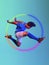 Creative artwork of prfessional male football player in motion over neon geometric element  over blue background