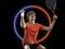 Creative artwork of prfessional male tennis player in motion over neon geometric element isolated on black background