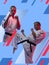 Creative artwork of professional sportsman training, practising martial art of Karate, judo, taekwondo  isolated