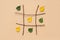 Creative autumn concept. Tic-tac-toe, noughts and crosses between summer and autumn. Green and yellow leaves in grid made from