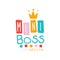 Creative baby mini boss logo design with lettering and golden crown. Emblem for promo or business. Flat hand drawn