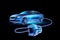 Creative background, Electric car with charging wire, hologram. The concept of electromobility e-motion, charging for the car,